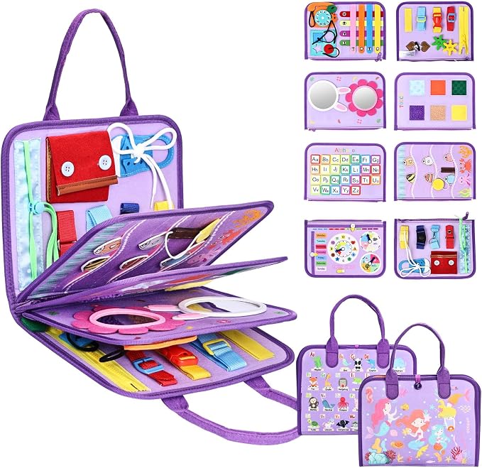 Busy Board Montessori Toys, Birthday Gifts for Girls, Autism Sensory Travel Toy, Educational Activity Busy Book, Preschool Learning Fine Motor Skills Toys,Purple