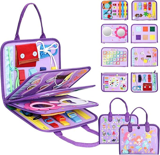 Busy Board Montessori Toys, Birthday Gifts for Girls, Autism Sensory Travel Toy, Educational Activity Busy Book, Preschool Learning Fine Motor Skills Toys,Purple