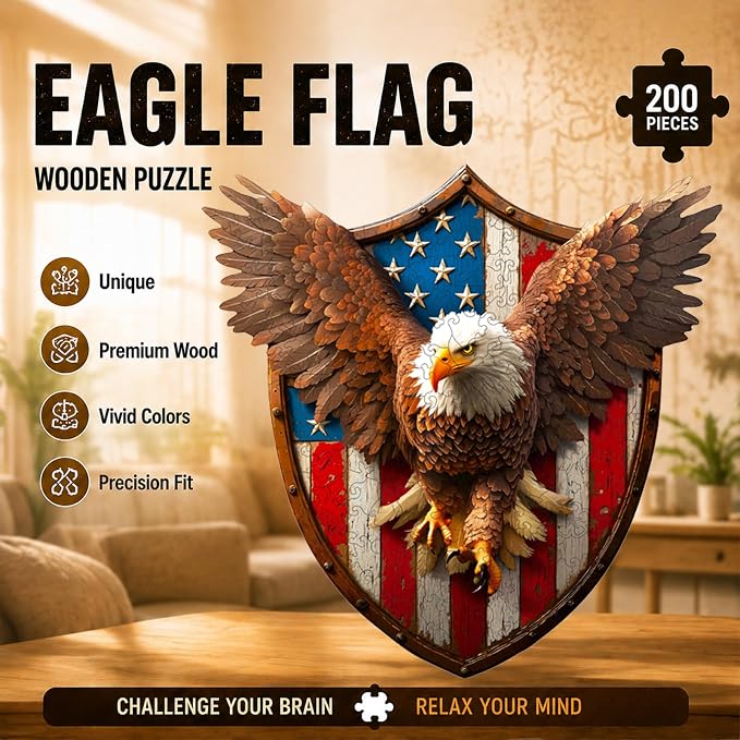 USA 250th Anniversary Wooden Puzzle for Adults, 200pcs American Eagle Puzzle Wooden Jigsaw Puzzle for Adults, Irregular Unique Shaped Wood Puzzle, Challenging Puzzle Gifts for Men & Veterans