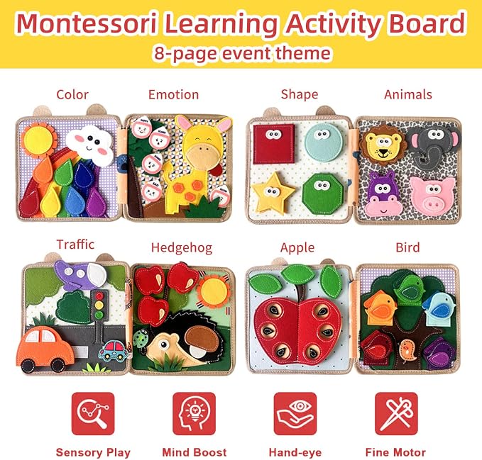 Montessori Busy Book, Suitable for Toddlers Aged 1-3, Felt Sensory Activity Book, Children's Travel Toy, Quiet Book Busy Board, Birthday Gift for Boys and Girls