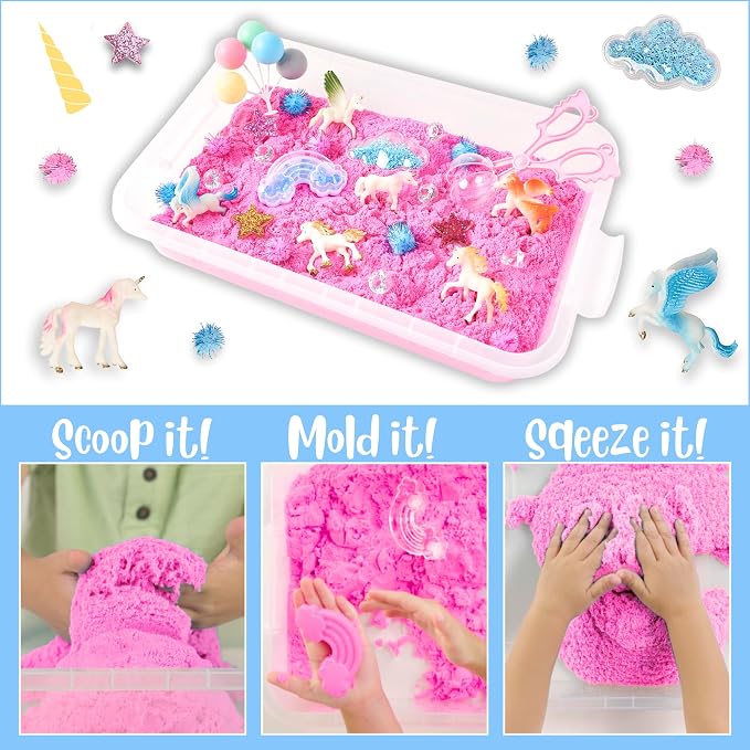 Unicorn Sensory Sand Bin-38 PCS Set with 2 lb Magic Sand, Sensory Bin for Toddlers & Scooper-Count Sparkly Pom-Poms, Bring Unicorns to Life - Ideal Gift for Kids | 38 piece toddler sensory bin kit with magic play sand, scoopers, and sparkly pom-poms. I...