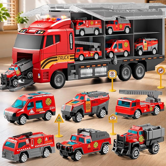 Carrier Truck Toddlers Toys for 3 4 5 6 7 Years Old Boys, Toy Truck Transport Car & Die-Cast Car and Play Mat, Fire Toys Birthday Gifts for Kids 3 4 5 6 7 8+ Years Old Boys Girls