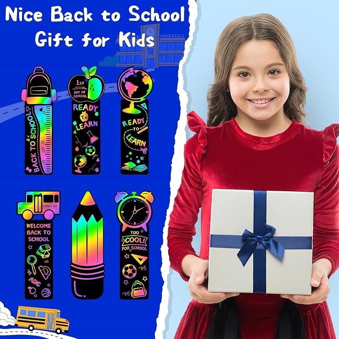 JUNEBRUSHS 30Pcs Welcome Back to School Scratch Bookmarks Rainbow Scratch | Back to School DIY Craft Kit, First Day of School Gifts for Students , Classroom Activity, Party Favors