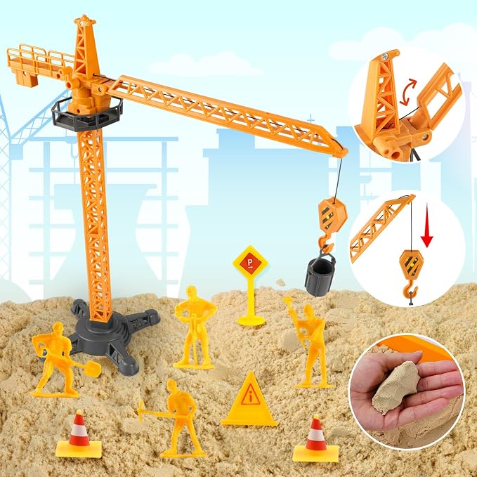 Sand Construction Kit - Play Sand Art Kit with 7 Construction Truck, 2lbs Magic Sand, Castle Molds, Crane, Worker Figures and Road Signs, Construction Sensory Bin for Preschool Learning for kids 3+