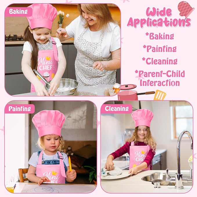 R HORSE 2 Pieces Kid Apron and Chef Hat Set, Children Role Play Chef Toy | Light Pink Adjustable Kitchen Apron for Girls, Ideal for Cooking, Baking, Painting, Training, Cooking Birthday Gift