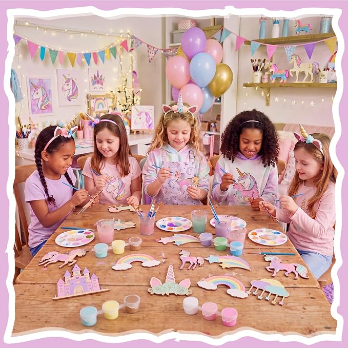 Saypacck 24 Pcs Rainbow Unicorn Party Favors Wooden Paint Craft Kits | Rainbow Designs with Paints, Packaged for Goodie Bag Fillers, Fun Craft Activity, Thank You Gifts and Decorations