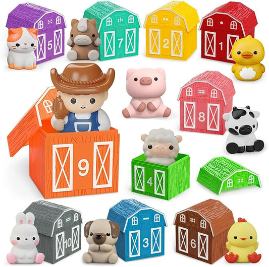 20 PCS Farm Animal Barn Playset & Finger Puppets,Farm Toys for Toddlers 1-3 | Learning Toy for Toddlers 1-3,Montessori Counting Matching & Color Sorting Toy Set,Easter Christmas Birthday Gift for Baby
