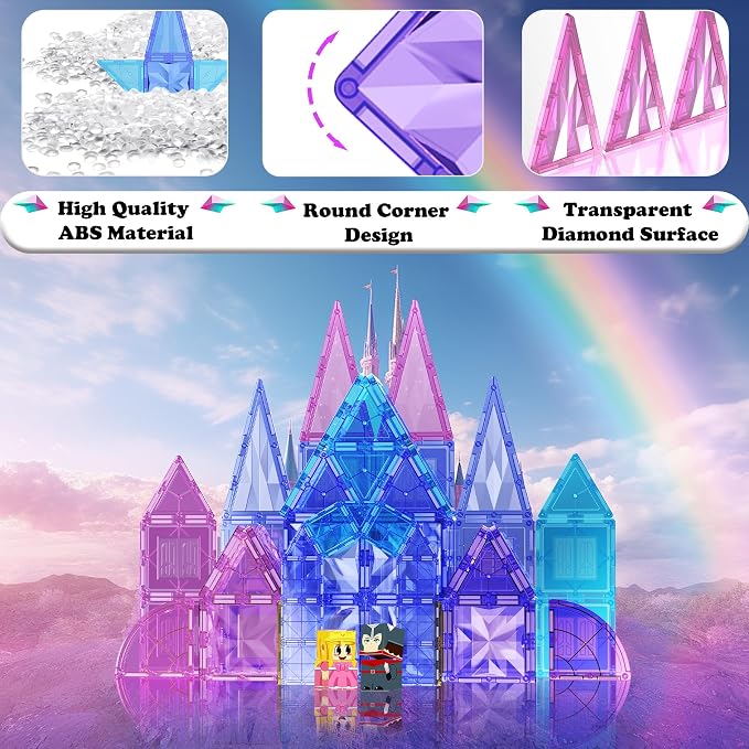 SKTMYY 114pcs Magnetic Tiles for Kids, 3D Diamond Princess Ice Castle | Magnet Blocks for Age 3-5 4-8, STEM Educational Toys, Montessori Preschool Classroom for Toddlers, Girls Kids Birthday Gift