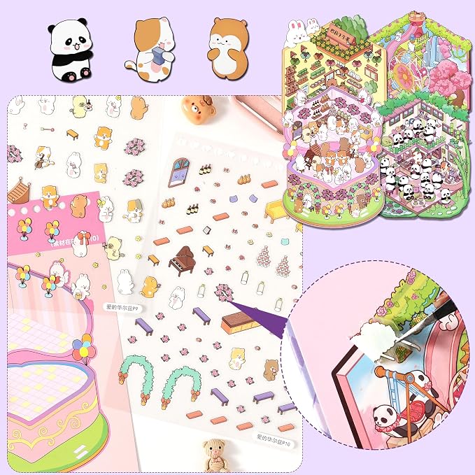 Scene Sticker – 20 Sets of DIY 3D House Scenes Cute Cartoon Stickers Kit for Kids & Adults – Fun Sticker Therapy Activity for Stress Relief, Crafts & Gifts (Purple-13 Scene)