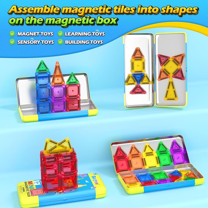 Mini Magnetic Tiles Travel Set STEM Educational Toys for Boys & Girls 3-8 | Outdoor Building Toys Preschool Classroom Must Have Portable Games with Iron Box for Car Airplane Kids Aged 3+ Birthday Gifts