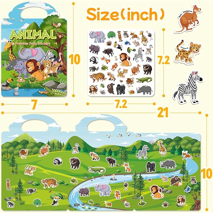 Reusable Sticker Book for Toddlers 3-6, Jelly Stickers for Kids, Sticker Activity Book Travel Toys for Car & Airplane, Educational Learning Gifts for Boys and Girls Ages (Animals Theme)