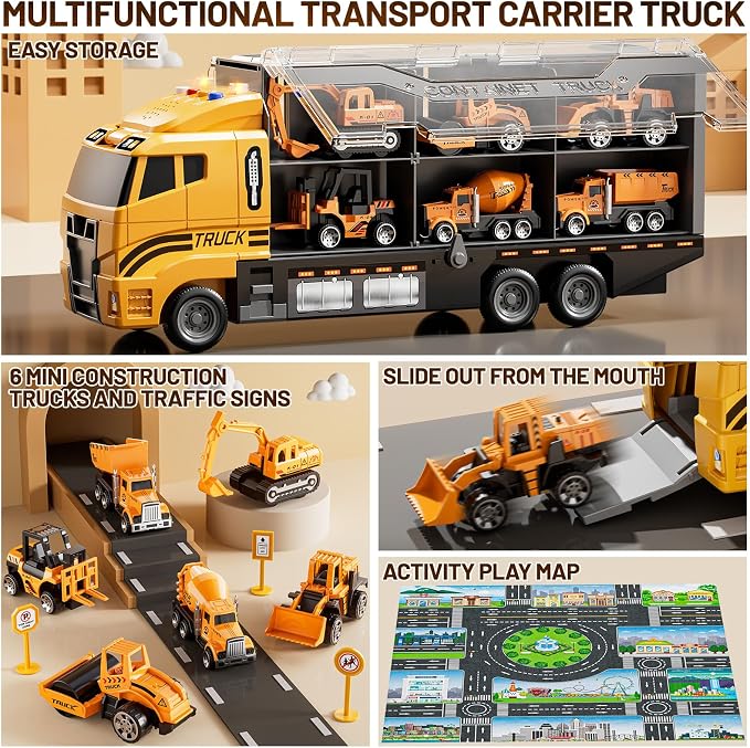 Carrier Truck Toddlers Toys for 3 4 5 6 7 Years Old Boys, Toy Truck Transport Car & Die-Cast Car and Play Mat, Construction Toys Birthday Gifts for Kids 3 4 5 6 7 8+ Years Old Boys Girls