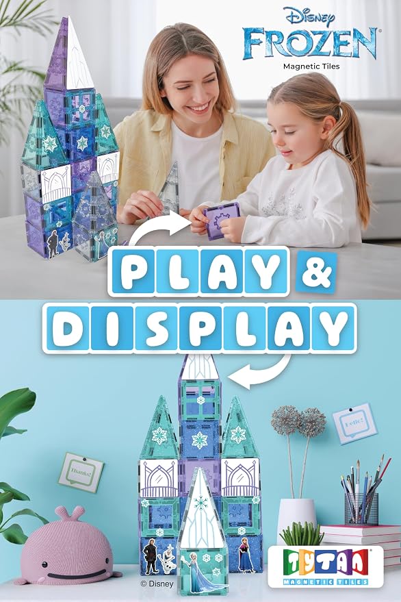 Tytan Toys Disney Frozen Magnetic Tiles Princess Castle - 68-Piece STEAM Building Set with Glitter Tiles & Elsa, Anna, Olaf Stickers - Educational Frozen Toys for Girls Age 3-4+