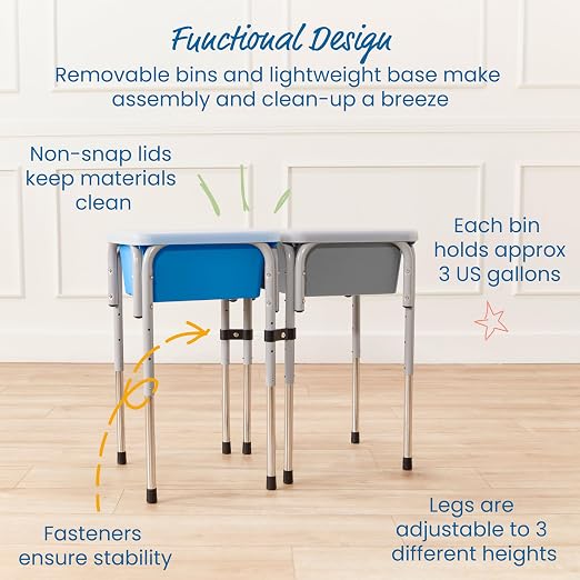 ECR4Kids 2-Station Sand and Water Adjustable Play Table, Sensory Bins, Grey/French Blue | Durable plastic/steel, GREENGUARD Gold Certified, 3-5 years, 80 lb capacity, adjustable legs, easy-lift lids, indoor/outdoor