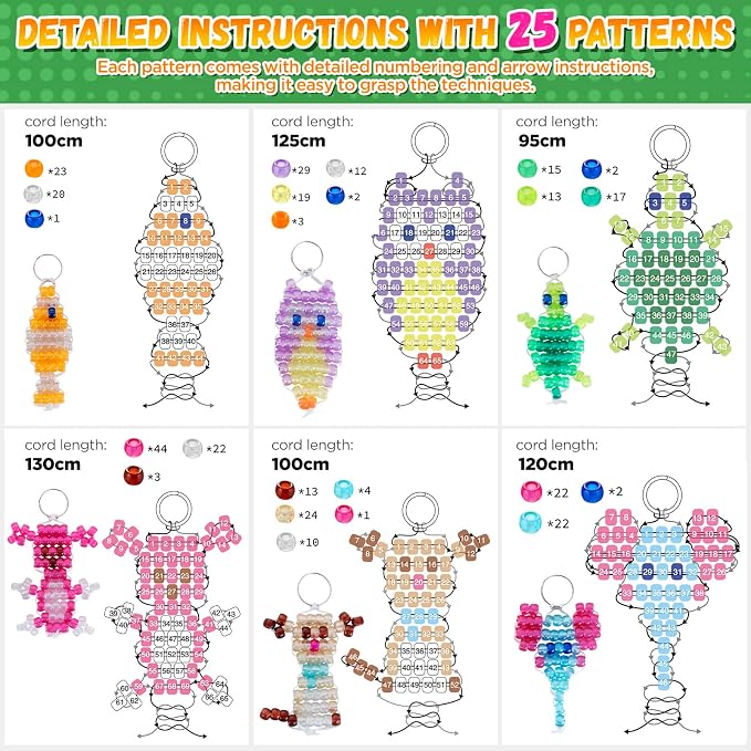 Pony Beads Kit for Keychain Making, Glow in the Dark Bead Pets for Kid Girl | Animal Beaded Kit with 25 Design Instructions Storage Box, Funtopia Beginners Kids Craft, Rainy Day Group and Family Activity