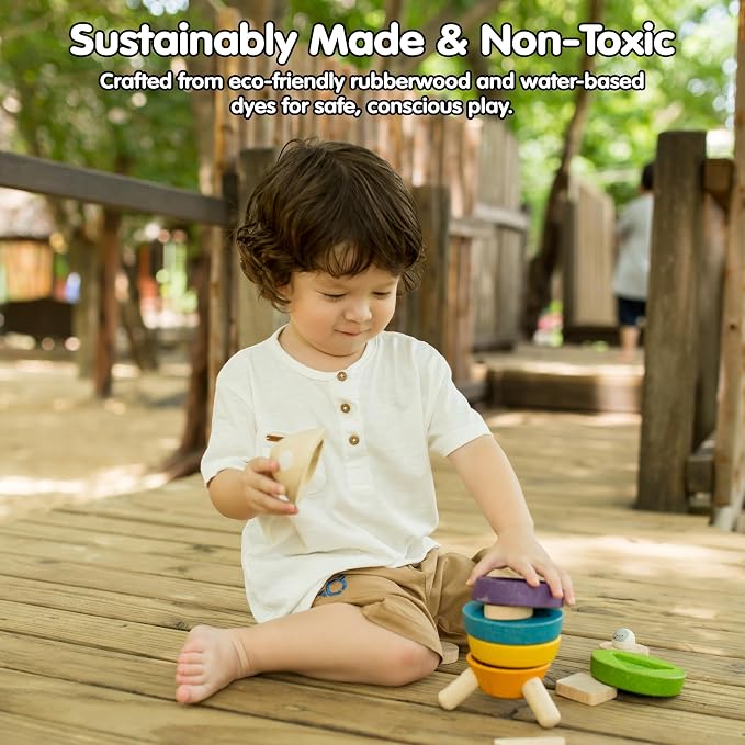 PlanToys® Wooden Stacking Rocket Toy for Toddlers, Montessori STEM Learning | wooden stacking rocket, montessori STEM learning, colorful rocket stacker, fine motor skill problem solving, preschool gift k