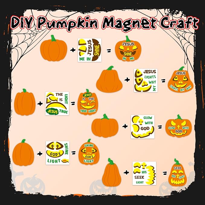 Haooryx DIY Halloween Christian Jesus Pumpkin Magnet Craft Kit | 30 Set Make Your Own Religious Fall Pumpkin Sticker Craft Decor, School Class Art Project Refrigerator Bulletin Board Decor