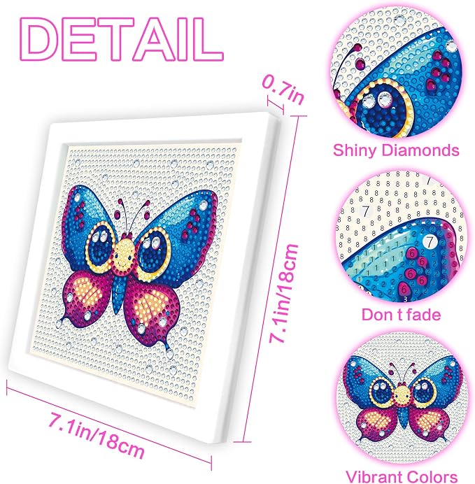 Reofrey Diamond Art Kits for Kids with Frame, 5D DIY Butterflies Diamond Painting Kits, Arts Crafts Gift for Girls & Boys Ages 4,5,6,7,8,9,10,11,12, Creative Educational Toy for Beginners (7x7 Inch)