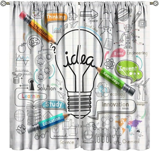 Science Symbols Kids Curtain Sketches Cartoon Chemistry Physics Geometry Education Pattern Print Window Drapes for Bedroom Living Room Kitchen Decor,2 Panel Set,63x63 Inch Blackout
