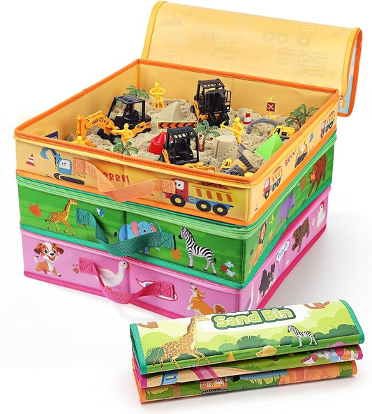 Billeeit. 3 Pack Sand Box Sensory Bins with Zipper Lid & Carry Handle | 15 Inch Printed Foldable Portable Stackable Sand Play Storage Bins for Kids 3+ Indoor & Outdoor Toy