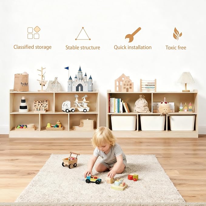 Montessori Book and Toy Shelf for Kids, 5-Section Organizer, Birch Plywood | Open Shelving with Customizable 5-Section Layout for Kids Room, Playroom, Classroom, Books, and Toys