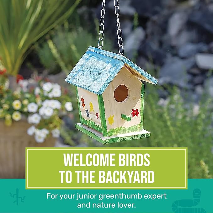 Beetle & Bee Build A Bird Bungalow - DIY Kid Art Craft Outdoor Birdhouse Kit, House Painting Kit for Kids, Hardware Glue Included- 4 Paints, 1 Brush, 7 Wooden Pcs, Chain For Tree Hanging Age 5+ | Includes Paints, Brush, Glue, Nails, Chain, Instructions...