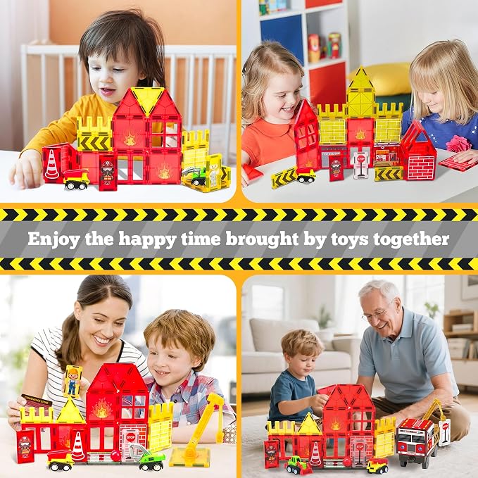 Magnetic Tiles Fire Truck Set,Magnet Blocks for Kids Ages 4-8 Boy STEM Toys | City Fire Rescue Station,Firefighter Pretend Play, Crane, Road,Car,Construction Building Toys for 4-8 Year Old Birthday Gifts