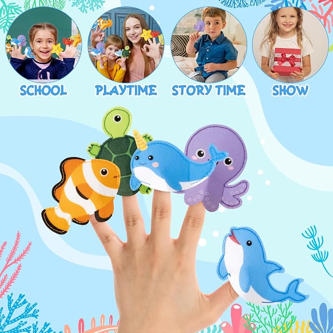 COcnny Sea Animal Finger Puppets - 11pcs Ocean Animal Felt Finger Puppet with Under The Sea Bag Set Making Crafts Kit for Kids, Make Your Own Story Telling Toys, Role Play for Boy Girl Toddle Age 3-8