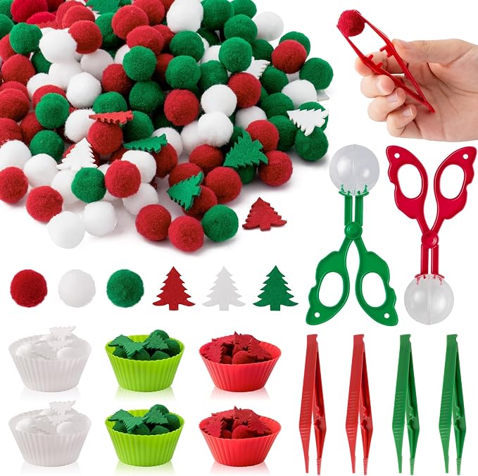 EZdhuawuse Summer Fine Motor Toys - 270Pcs Counting Sorting Sensory Bin Filler Set for Kids Xmas Counting Toy with Felt Xmas Tree Pom Poms Cup Clip for Preschool Education Activities