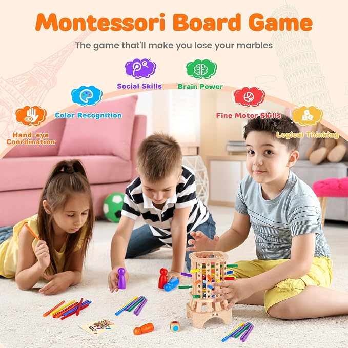 Montessori Wooden Board Game, Colorful Sticks Educational Toy for 3-6 Year Old Kids, Fine Motor Skills Toys, Family Travel Game for 3+ Year Olds, Birthday Gift for Boys and Girls