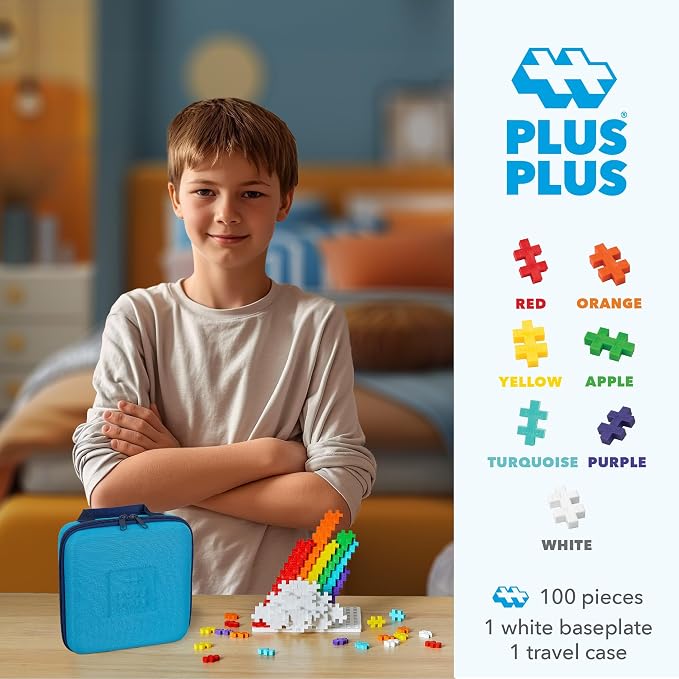 PLUS PLUS Travel Case, 100 Piece Rainbow Mix - Mini Waffle Blocks for Kids | Stem Toys, Airplane Travel Essentials for Kids, Classroom Must Haves, Gifts for Boys & Girls, Sensory Bin Filler