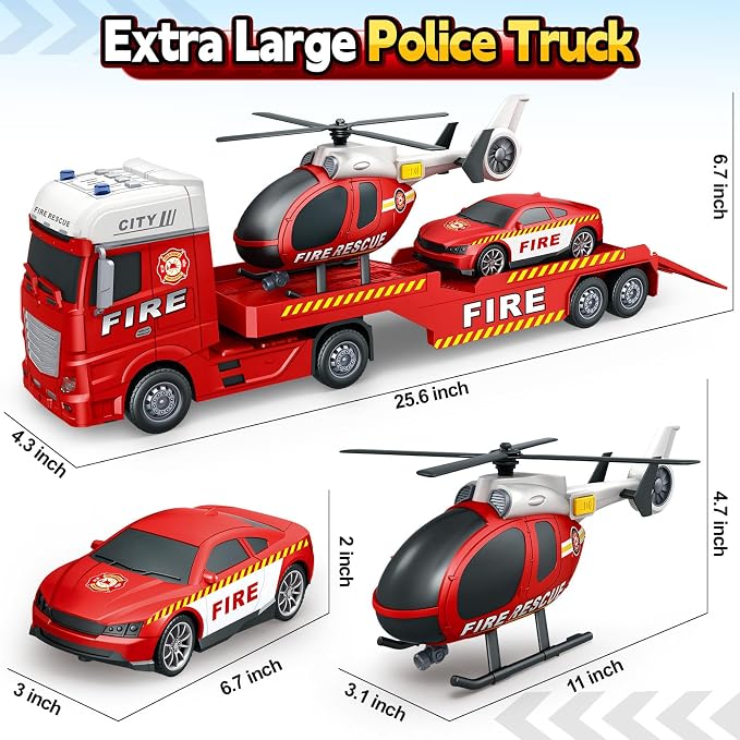 Kids Toys for 3 4 5 6 7 8 Years Old Boys, 25" Fire Truck Toy with Racing Car and Helicopter, Toddler Friction Powered Truck Vehicle Toy with Lights, Sounds for Boys Girls Christmas Birthday Gifts