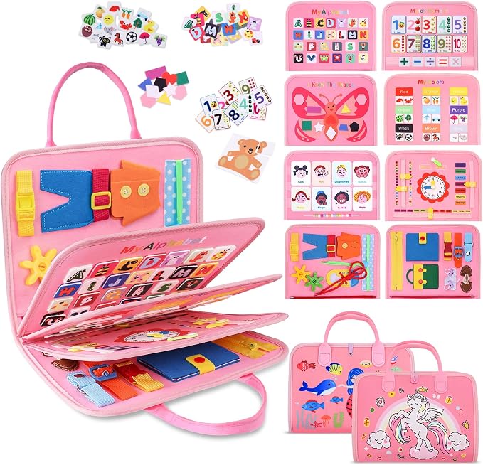 GONINO Toddlers Busy Book for 1-3 Year Old Girls, Montessori Busy Board | Fine Motor Skills Sensory Toy, Travel Toys for Airplane Car, Baby Activities Books, Pink Gift for Girls