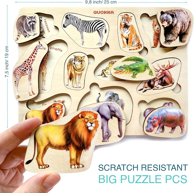 Wooden Puzzles for Toddlers 1-3 - 3 Montessori Kid Puzzles Ages 2-4 | Realistic Toddlers Puzzle for Kids 3-5 Year Old Boy and Girl - Wood Learning Toy with Animals for Children