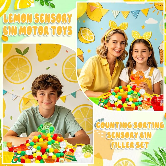 255PCS Lemon Sensory Bin Filler Summer Lemon Fine Motor Sensory Bin Items Includes Pom Poms Lemon Slices Fake Cubes Counts Resin for Spring Summer Counting Sorting Training