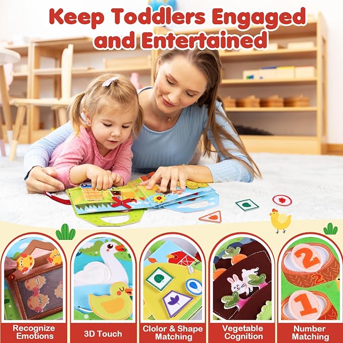 Busy Board for Toddler, Montessori Toys Farm Animals Busy Book for 2-4 Year Old Boy Girl, Quiet Activity Books Gift for Kid, Felt Busy Learning Toy for Toddlers, Car Airplane Travel Toys