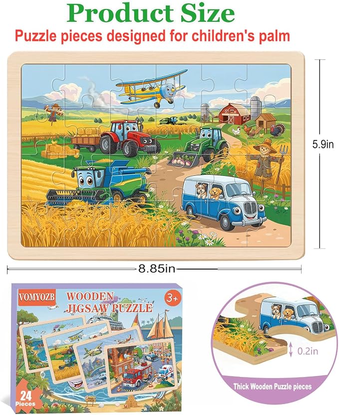 Wooden Puzzles for Kids Ages 4-6, 4 Pack with 24 Pieces Jigsaw Puzzles Preschool Educational Toys Gifts for Children Ages 3-5, Kids Toys Gifts for 4+ Year Olds Boys Girls