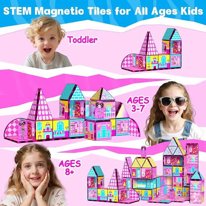 Magnetic Tiles 52PCS Magnetic Building Blocks for Kids Ages 3-5 4-8, STEM Montessori Preschool Classroom Must Haves, Toddler Sensory Educational Toys for Boys Girls, Christmas Birthday Gift(Pink)