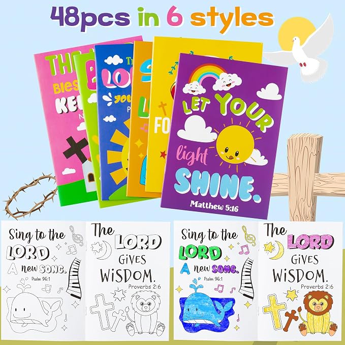 Dvbonike 48Pcs Bible Coloring Books Religious Theme DIY Color-in Pages | Inspirational Words, Christian Activity Artwork, Sunday School Supplies, Classroom Reward, Party Favor, Gift, Drawing Booklet