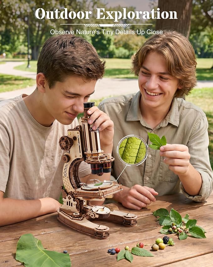 ROKR Wooden 3D Puzzle Building Kit, Real Optical Microscope with 40X-400X Magnification, STEM Science Toy for Students and Adults(ST005)