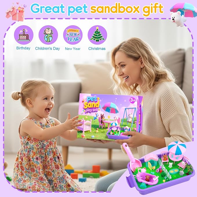 Mikiwon Pet Sensory Bin, Dog Sandbox Play Sand Art Kit with 1.1lbs Sand, Pet Care Sand Set, Sensory Play for Girls Boys Age 3+, Role Pretend Play Beach Toy for Kids Xmas Birthday Gifts