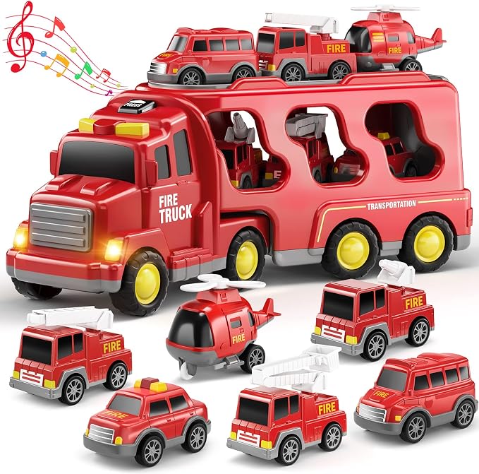 Fire Truck Toys for Toddler 3-5, Transport Car with Light Sound | 7-in-1 Fire Car Carrier Vehicle Set for Girls 3 4 5 6 Years Old, Birthdays Gifts for Kids Girls Aged 3-9