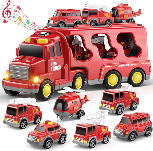Fire Truck Toys for Toddler 3-5, Transport Car with Light Sound | 7-in-1 Fire Car Carrier Vehicle Set for Girls 3 4 5 6 Years Old, Birthdays Gifts for Kids Girls Aged 3-9