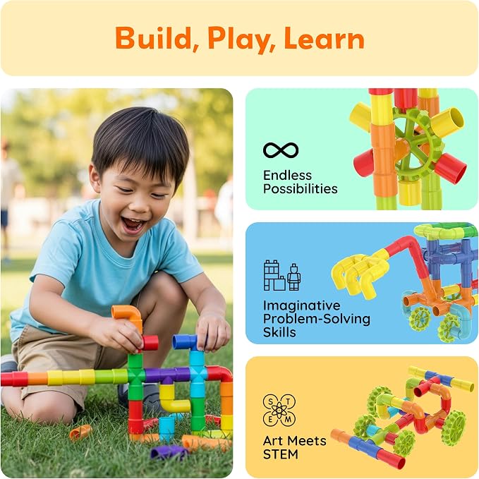 PicassoTiles Pipe Tube Construction Building Toys Stacking Toy Puzzle Game for Early Learning Montessori Playset Educational Connector Blocks Brain Development Kit Ages 3+ Toddler Boys & Girls PTT137
