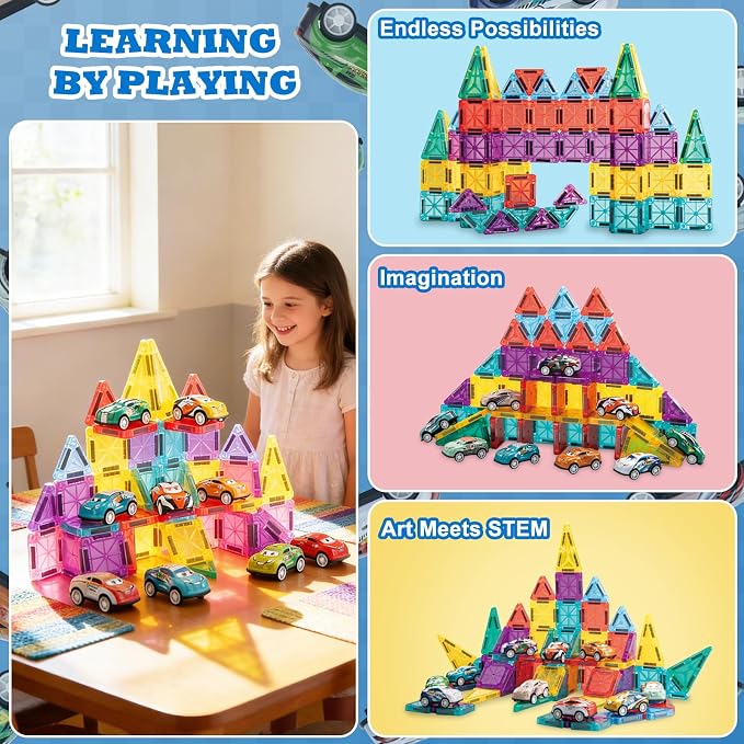 93 PCS Magnetic Tiles Mini Magnetic Building Tiles with Cars, Travel Magnetic Tiles with Storage Bag,STEM Toys for School Acitivities, Ideal Christmas Birthday Gifts for Boys Girls Age 3+ Years Old