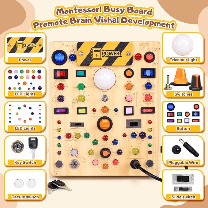 Busy Board with LED Light Switches, Montessori Toys for 1 2 3 Years Old, Toddlers Wooden Toy Sensory Activity Board, Travel Toys for 1+ Year Old Boy & Girl Birthday Gift (19 Switches)