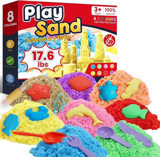 FURWEY Play Sand Set,17.6lbs Colorful Sensory Sand,22 Tools Molds,Art Kit | Play Sand Art Kits for Children Ages 3+ to Relaxing Creative Activities, Sensory Play Set with Tools