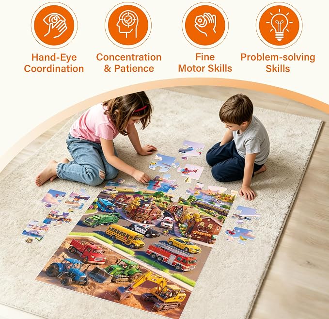 BenBen Floor Puzzles for Kids Ages 4–6, 2 x 3 Feet Transportation Puzzle | Extra-Thick 48 Large Pieces Vehicle-Themed Jigsaw Puzzle for Toddlers 3-5, Preschool Educational Toy Gift for Boys Girls