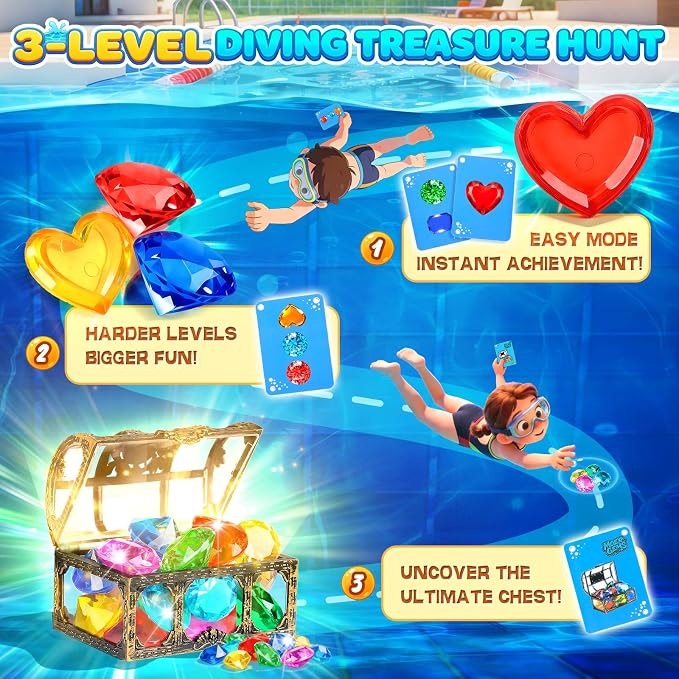 Diving Toys for Kids, Seek Treasure Underwater Pool Gem Hunt Pool Game | with 60PCS Sinking Gems, Pirate Treasure Chest, 35PCS Game Cards, Summer Swimming Pool Toys for Toddlers Kids Age 3-10
