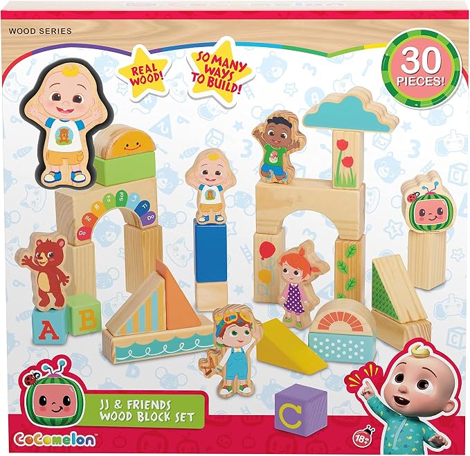 CoComelon JJ & Friends Wood Block Set, 30-Pieces, Recycled Wood, Officially Licensed Kids Toys for Ages 18 Month by Just Play